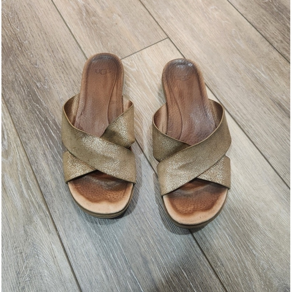 UGG Kari Metallic Gold Criss Cross Slide Sandals Women Shoes